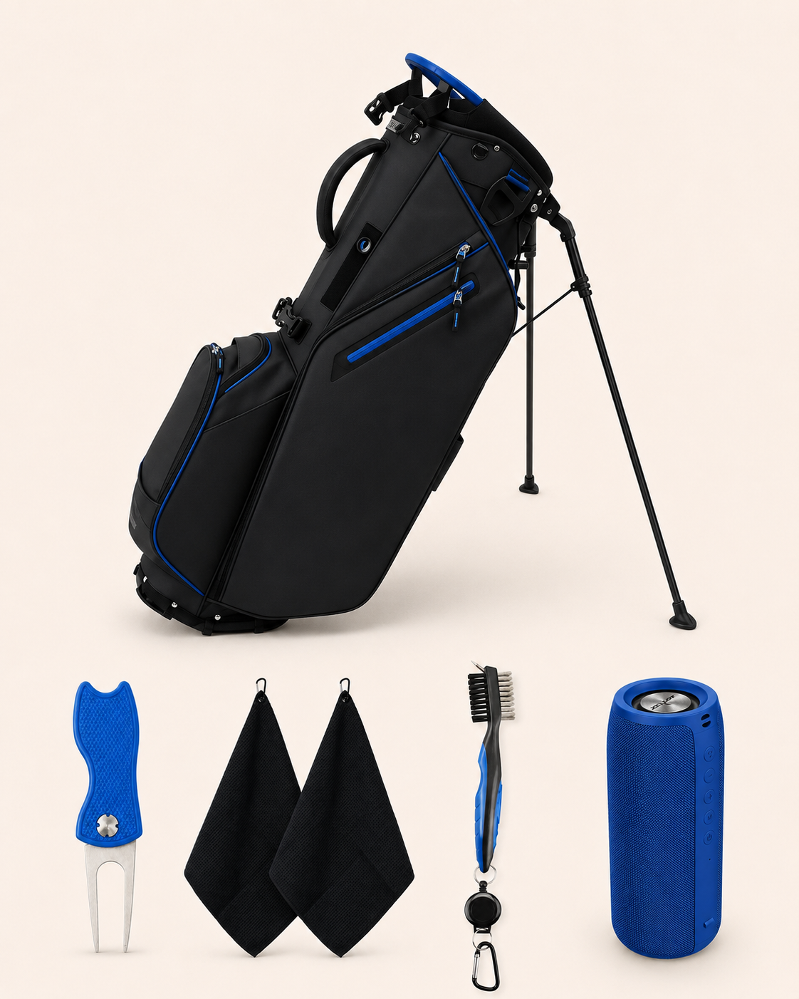 Black golf bag with blue accent accessories for Built Birdie build